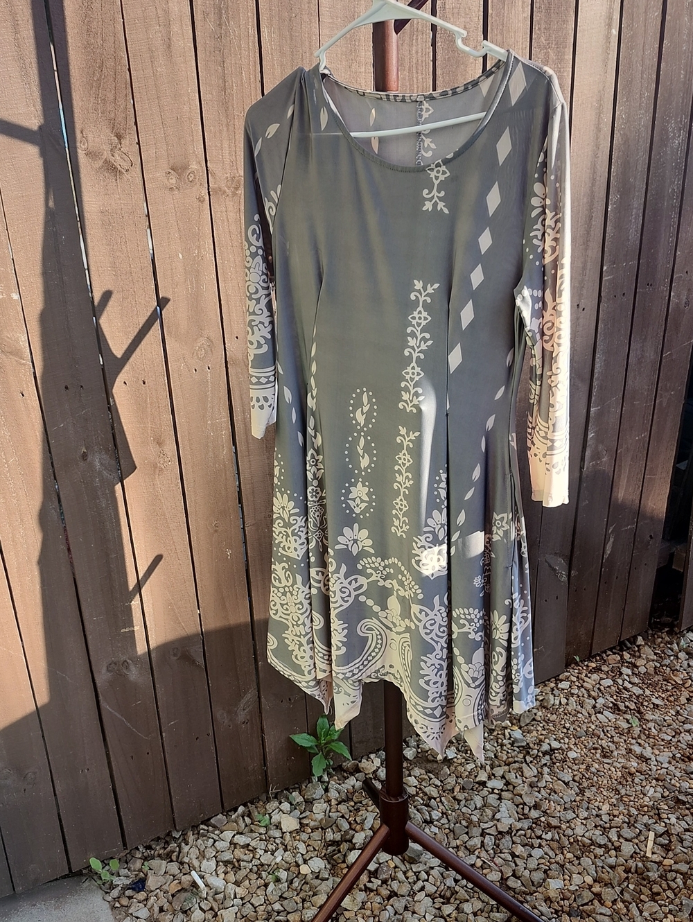 Gray Paisley Print A-Line Long Sleeve Dress 2 Pockets Small